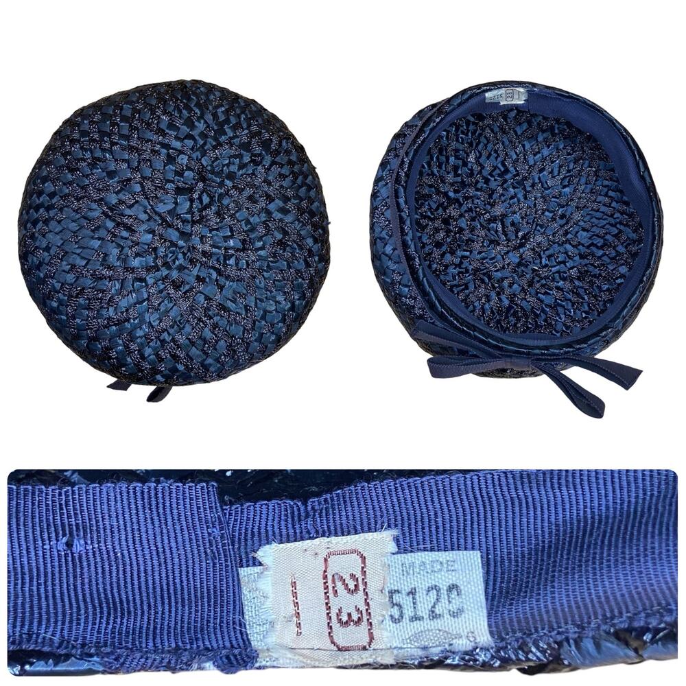 1960s Navy Blue Straw Pillbox Hat | Union Made Vintage Church Cocktail Hat - Picture 6 of 7